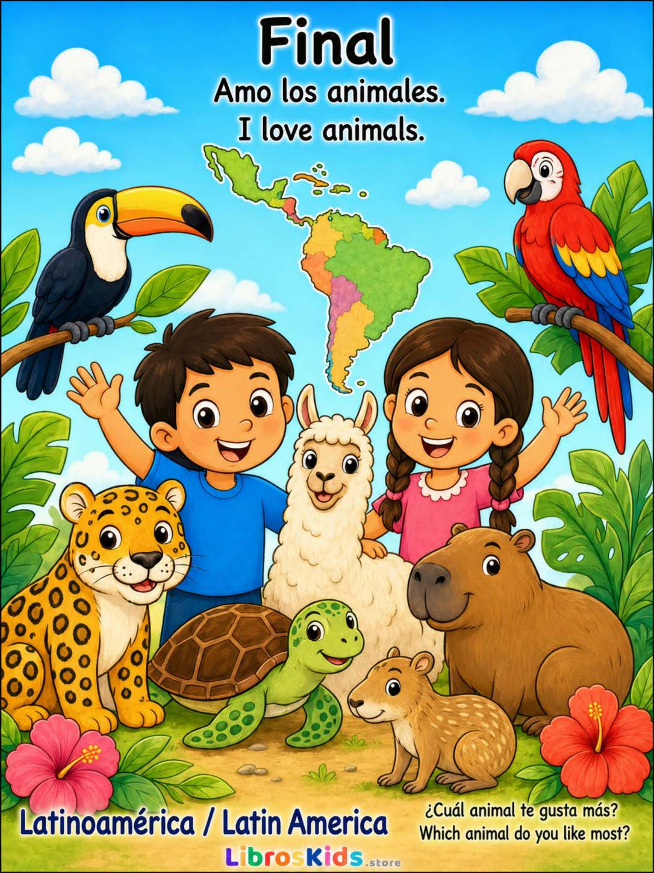 Página final a color del libro bilingüe de animales de Latinoamérica