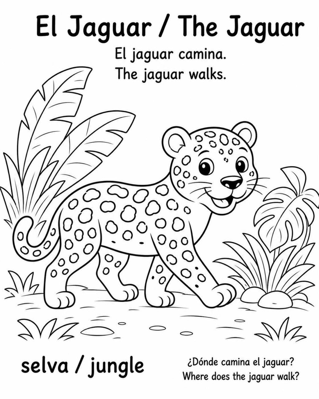 Página de muestra del jaguar para colorear en español e inglés
