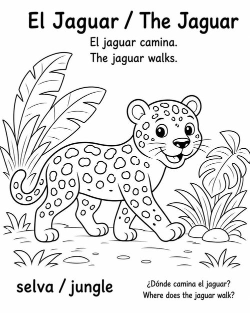 Página de muestra del jaguar para colorear en español e inglés